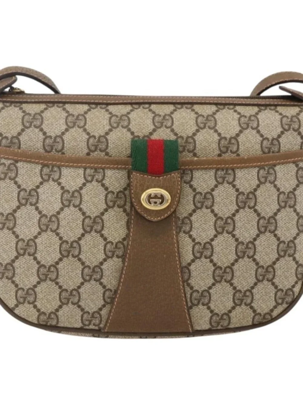 GUCCI GG Supreme Web Sherry Line Shoulder Bag PVC Beige Gold Auth 175956
